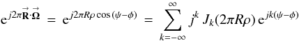 Mathematical equation: \appendix \setcounter{section}{4} % subequation 3676 0 \begin{equation} \label{Eq:JExp} {\rm e}^{j 2\pi \vecbf{R} \cdot \vecbf{\Omega}} \, = \, {\rm e}^{j 2\pi R \rho \cos{(\psi - \phi)}} \, = \, \sum_{k=-\infty}^{\infty} j^{k} \, J_{k}(2\pi R \rho) \, {\rm e}^{j k (\psi-\phi)} \end{equation}