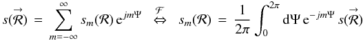 Mathematical equation: \appendix \setcounter{section}{5} % subequation 3891 2 \begin{equation} \label{Eq:InterpPOAM2} s(\vecbf{\mathcal{R}}) \, = \, \sum_{m=-\infty}^{\infty} s_{m}(\mathcal{R}) \, {\rm e}^{jm\Psi} ~~ \stackrel{\mathcal{F}}{\Leftrightarrow} ~~ s_{m}(\mathcal{R}) \, = \, \frac{1}{2\pi} \int_{0}^{2\pi} {\rm d}\Psi \, {\rm e}^{-jm\Psi} \, s(\vecbf{\mathcal{R}}) \end{equation}