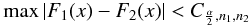 Mathematical equation: \appendix \setcounter{section}{1} \begin{equation} \max|F_{1}(x) - F_{2}(x)| < C_{\frac{\alpha}{2},n_{1},n_{2}} \end{equation}