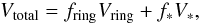 Mathematical equation: \begin{equation} V_{\mathrm{total}} = f_{\mathrm{ring}} V_{\mathrm{ring}} + f_{*}V_{*}, \label{visibility} \end{equation}