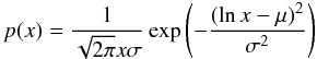 Mathematical equation: \begin{equation} p(x)=\frac{1}{\sqrt{2\pi} x \sigma}\exp\left(-\frac{(\ln x - \mu)^2}{\sigma^2}\right) \end{equation}