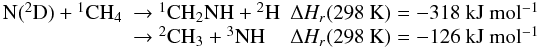 Mathematical equation: \appendix \setcounter{section}{1} \begin{eqnarray*} \begin{array}{lll} \rm N(^2D) + {}^1CH_4 & \rm \rightarrow {}^1CH_2NH + {}^2H & \Delta H_r(\rm 298~ K) = -318~ kJ~ mol^{-1} \\ & \rm \rightarrow {}^2CH_3 + {}^3NH & \Delta H_r(\rm 298 ~K) = -126~ kJ~ mol^{-1} \end{array} \end{eqnarray*}