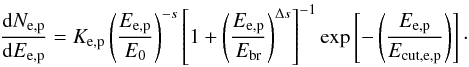 Mathematical equation: \begin{equation} \frac{{\rm d} N_{\rm e,p}}{{\rm d} E_{\rm e,p}} = K_{\rm e,p} \left( \frac{E_{\rm e,p}}{E_0} \right)^{-s} \left[ 1 + \left( \frac{E_{\rm e,p}}{E_{\text{br}}} \right)^{\Delta s} \right]^{-1} \exp \left[ - \left( \frac{E_{\rm e,p}}{E_{{\text{cut},{\rm e,p}}}} \right) \right]\cdot \label{eq:BrokenPowerLaw} \end{equation}