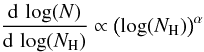 Mathematical equation: \begin{equation} \frac{{\rm d}\,\log(N)}{{\rm d}\,\log(N_{\rm H})} \propto \left( \log(N_{\rm H})\right) ^{\alpha} \end{equation}