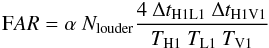Mathematical equation: \begin{equation} {\mathrm FAR} = \alpha\ N_{\mathrm{louder}} \frac{4\ \Delta t_{\rm H1L1}\ \Delta t_{\rm H1V1}}{T_{\rm H1}\ T_{\rm L1}\ T_{\rm V1}} \end{equation}