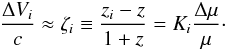 Mathematical equation: \begin{equation} \frac{\Delta V_i}{c} \approx \zeta_i \equiv \frac{z_i - z}{1+z} = K_i \frac{\Delta\mu}{\mu}\cdot \label{eq_LBLFM} \end{equation}