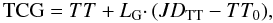 Mathematical equation: \begin{equation} {\rm TCG} = TT+L_\mathrm{G} \cdotp (JD_\mathrm{TT} - TT_0), \end{equation}