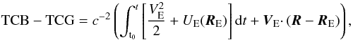 Mathematical equation: \begin{equation} {\rm TCB} - {\rm TCG} = c^{-2} \left ( \int_\mathrm{t_0}^{t} \left [ \frac{V_\mathrm{E}^2}{2} +U_\mathrm{E}(\boldsymbol{R}_\mathrm{E}) \right ] \mathrm{d}t+ \boldsymbol{V}_\mathrm{E} \cdotp (\boldsymbol{R} - \boldsymbol{R}_\mathrm{E}) \right), \end{equation}