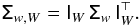 Mathematical equation: \begin{equation} \mathsf\Sigma_{w,W}=\mathsf I_W \,\mathsf\Sigma_w\,\mathsf I_W^\top.\label{eq:weightedOPDsig} \end{equation}