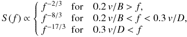 Mathematical equation: \begin{equation} S(f)\propto\left\{ \begin{array}{ll} f^{-2/3}&\textrm{for}\quad0.2\,v/B>f,\\ f^{-8/3}&\textrm{for}\quad0.2\,v/B< f<0.3\,v/D,\\ f^{-17/3}&\textrm{for}\quad 0.3\,v/D<f \end{array}\right.\label{eq:theoturbspec} \end{equation}
