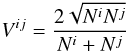 Mathematical equation: \begin{equation} V^{ij}=\frac{2\sqrt{N^iN^j}}{N^i+N^j} \end{equation}