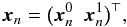 Mathematical equation: \appendix \setcounter{section}{1} \begin{equation} {\vec x}_n=\big({\vec x}^0_n\,\,\,{\vec x}^1_n\big)^\top,\label{eq:example2} \end{equation}
