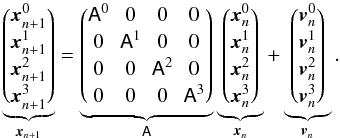 Mathematical equation: \appendix \setcounter{section}{1} \begin{equation} \underbrace{\begin{pmatrix} {\vec x}^0_{n+1}\\[0.5mm] {\vec x}^1_{n+1}\\[0.5mm] {\vec x}^2_{n+1}\\[0.5mm] {\vec x}^3_{n+1} \end{pmatrix}}_{{\vec x}_{n+1}}=\underbrace{\begin{pmatrix} \mathsf A^0&0&0&0\\[0.5mm]0&\mathsf A^1&0&0\\[0.5mm]0&0&\mathsf A^2&0\\[0.5mm]0&0&0&\mathsf A^3 \end{pmatrix}}_{\mathsf A}\underbrace{\begin{pmatrix} {\vec x}^0_{n}\\[0.5mm] {\vec x}^1_{n}\\[0.5mm] {\vec x}^2_{n}\\[0.5mm] {\vec x}^3_{n} \end{pmatrix}}_{{\vec x}_n}+\underbrace{\begin{pmatrix} {\vec v}^0_n\\[0.5mm] {\vec v}^1_n\\[0.5mm] {\vec v}^2_n\\[0.5mm] {\vec v}^3_n \end{pmatrix}}_{{\vec v}_n}.\label{eq:eos4} \end{equation}