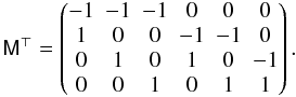 Mathematical equation: \begin{equation} \mathsf M^\top=\begin{pmatrix} -1&-1&-1&0&0&0\\ 1&0&0&-1&-1&0\\ 0&1&0&1&0&-1\\ 0&0&1&0&1&1 \end{pmatrix}. \label{eq:Mmatrix} \end{equation}