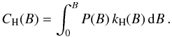 Mathematical equation: \begin{equation} C_{\rm H}(B)=\int_0^B P(B)\,k_{\rm H}(B)\,{\rm d}B\,.\label{eq:ch} \end{equation}