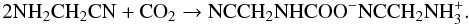 Mathematical equation: \begin{equation} \rm 2NH_{2}CH_{2}CN + CO_{2} \rightarrow NCCH_2NHCOO^{-}NCCH_2NH_3^{+}. \end{equation}