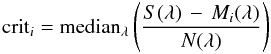 Mathematical equation: \begin{equation} {\rm crit}_i = {\rm median}_{\lambda} \left( \frac{S(\lambda)\,-\,M_i(\lambda)}{N(\lambda)} \right) \label{definecrit} \end{equation}