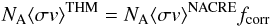 Mathematical equation: \begin{eqnarray} N_{\rm A}\langle \sigma v\rangle^{\rm THM}=N_{\rm A}\langle \sigma v\rangle^{\rm NACRE} f_{\rm corr} \label{ratethm} \end{eqnarray}