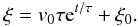Mathematical equation: \begin{eqnarray} \xi=v_0 \tau {\rm e}^{t/\tau}+\xi_0. \label{displ} \end{eqnarray}