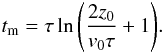 Mathematical equation: \begin{eqnarray} t_{\rm m}=\tau \ln{\left(\frac{2 z_0}{v_0 \tau}+1\right)}. \label{tmix} \end{eqnarray}