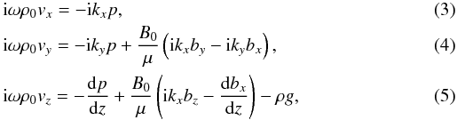 Mathematical equation: \begin{eqnarray} \label{vx}&& {\rm i} \omega\rho_0v_x = -{\rm i} k_x p, \\ \label{vy}&& {\rm i} \omega\rho_0v_y = -{\rm i} k_y p+\frac{B_0}{\mu}\left({\rm i} k_x b_y-{\rm i} k_y b_x\right), \\ \label{vz} && {\rm i} \omega\rho_0v_z = -\frac{{\rm d}p}{{\rm d}z}+\frac{B_0}{\mu}\left({\rm i} k_x b_z-\frac{{\rm d}b_x}{{\rm d}z}\right)-\rho g, \end{eqnarray}