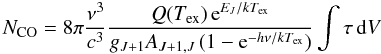 Mathematical equation: \begin{equation} \label{eq:column} N_{\rm CO} = 8 \pi \frac{\nu ^3}{c^{3}} \frac{Q(T_{\rm ex})\, {\rm e}^{E_{J}/kT_{\rm ex} }}{g_{J+1} A_{J+1,J}\,(1-{\rm e}^{-h\nu / kT_{\rm ex}} )} \int{\tau \, {\rm d}V} \end{equation}