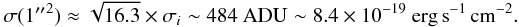 Mathematical equation: \begin{equation} \sigma(1\arcsec^2)\approx \sqrt{16.3}\times \sigma_i\sim 484~\mathrm{ADU} \sim 8.4\times 10^{-19}~\esc. \end{equation}