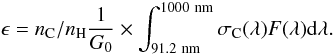 Mathematical equation: \appendix \setcounter{section}{1} \begin{equation} \label{eq:eps} \epsilon = n_{\rm C}/n_{\rm H} \frac{1}{G_0} \times \int_{91.2~{\rm nm}}^{1000~{\rm nm}}\sigma_{\rm C}(\lambda)F(\lambda){\rm d} \lambda. \end{equation}