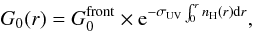 Mathematical equation: \appendix \setcounter{section}{1} \begin{equation} G_0(r) = G_0^{\rm front} \times {\rm e}^{-\sigma_{\rm UV} \int_0^{r} n_{\rm H}(r) {\rm d}r}, \end{equation}