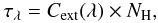 Mathematical equation: \begin{eqnarray} \tau_\lambda = C_{\rm ext}(\lambda) \times N_{\rm H}, \end{eqnarray}