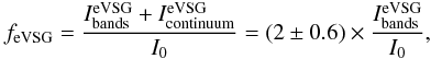 Mathematical equation: \begin{eqnarray} \label{fevsg} f_{\rm eVSG}= \frac{I^{\rm eVSG}_{\rm bands}+I^{\rm eVSG}_{\rm continuum}}{I_0} = (2\pm0.6)\times \frac{I^{\rm eVSG}_{\rm bands}}{ I_0}, \end{eqnarray}