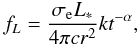 Mathematical equation: \begin{equation} f_{L} = \frac{\sigma_{\rm e}L_\ast}{4\pi{}cr^2}kt^{-\alpha}, \label{MOD1} \end{equation}