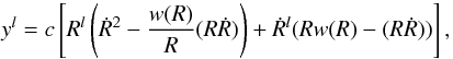 Mathematical equation: \begin{equation} y^{l} =c \left[R^{l}\left(\dot{R}^{2}-\frac{w(R)}{R}(R\dot{R})\right)+\dot{R}^{l}(Rw(R)-(R\dot{R}))\right], \label{BH8} \end{equation}
