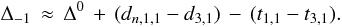 Mathematical equation: \appendix \setcounter{section}{1} \begin{eqnarray} \Delta_{-1} \,\approx \, \Delta^0 \, + \, (d_{n,1,1}-d_{3,1})\, - \, (t_{1,1}- t_{3,1}). \nonumber \end{eqnarray}