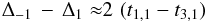 Mathematical equation: \appendix \setcounter{section}{1} \begin{eqnarray} \Delta_{-1} \,- \, \Delta_{1} \approx 2 \, \,(t_{1,1}- t_{3,1}) \end{eqnarray}