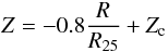 Mathematical equation: \begin{equation} Z = -0.8 {R\over R_{25}} + Z_{\rm c} \end{equation}
