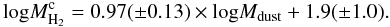 Mathematical equation: \begin{equation} {\hbox{log}} M_{\rm H_2}^{\rm c}= 0.97(\pm0.13)\times{\hbox{log}} M_{\rm dust} + 1.9(\pm1.0). \end{equation}