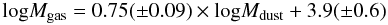 Mathematical equation: \begin{equation} {\hbox{log}} M_{\rm gas}= 0.75(\pm0.09)\times{\hbox{log}} M_{\rm dust} + 3.9(\pm0.6) \end{equation}