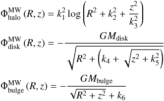 Mathematical equation: \begin{equation*} \begin{gathered} \Phi _{{{\rm halo}}}^{{{\rm MW}}} \left( {R,z} \right) = k_1^2 \log \left( {R^2 + k_2^2 + \frac{{z^2 }} {{k_3^2 }}} \right) \hfill \\ \Phi _{{{\rm disk}}}^{{{\rm MW}}} \left( {R,z} \right) = - \frac{{GM_{{{\rm disk}}} }} {{\sqrt {R^2 + \left( {k_4 + \sqrt {z^2 + k_5^2 } } \right)} }} \hfill \\ \Phi _{{{\rm bulge}}}^{{{\rm MW}}} \left( {R,z} \right) = - \frac{{GM_{\rm bulge} }} {{\sqrt {R^2 + z^2 } + k_6 }} \hfill \\ \end{gathered} \end{equation*}