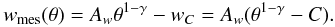 Mathematical equation: \begin{equation} w_{\rm mes}(\theta) = A_w \theta^{1-\gamma} - w_C = A_w (\theta^{1-\gamma} - C) . \end{equation}