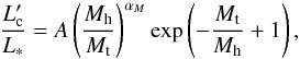 Mathematical equation: \begin{equation} \label{eq:zehavi} \frac{L'_{\rm c}}{L_\ast} = A \left ( \frac{M_{\rm h}}{M_{\rm t}} \right ) ^{\alpha_M} \exp \left ( -\frac{M_{\rm t}}{M_{\rm h}} + 1 \right ) , \end{equation}