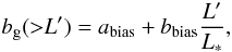 Mathematical equation: \begin{equation} \label{eq:biasmodel} b_{\rm g}({>}L') = a_{\rm bias}+b_{\rm bias} \frac{L'}{L_{\ast}} , \end{equation}