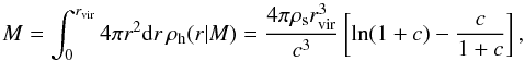 Mathematical equation: \appendix \setcounter{section}{1} \begin{equation} M = \int_0^{r_{\rm vir}} 4\pi r^2 \ud r \, \rho_{\rm h}(r|M) = \frac{4\pi\rho_{\rm s} r_{\rm vir}^3}{c^3} \left [ \ln (1+c) - \frac{c}{1+c} \right ] , \end{equation}