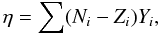 Mathematical equation: \begin{equation} \label{eq4} \eta = \sum (N_i - Z_i) Y_i, \end{equation}