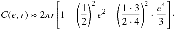 Mathematical equation: \begin{equation} C(e, r) \approx 2 \pi r \left[1- \left(\frac{1}{2}\right)^2 e^2 - \left(\frac{1\cdot 3}{2 \cdot 4}\right)^2 \cdot \frac{e^4}{3} \right]\cdot \label{peri} \end{equation}