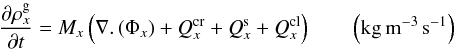 Mathematical equation: \begin{equation} \frac{\partial \rho_x^{\rm g} }{\partial t}=M_x \left(\nabla .\left (\Phi_x \right) +Q^{\rm cr}_x+Q_{x}^{\rm s}+Q^{\rm cl}_x \right) \qquad \left(\rm kg \, m^{-3} \, s^{-1}\right) \label{MASS_cons} \end{equation}