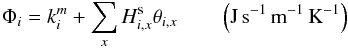 Mathematical equation: \appendix \setcounter{section}{1} \begin{eqnarray} \rho_i c_i \frac{\partial T_i}{\partial t}&=& \frac{4\pi}{V_i} \left[r_i^2 \Phi_i \frac{\partial T_{i}}{\partial r}-r_{i+1}^2 \Omega_{i+1} \frac{\partial T_{i+1}}{\partial r}\right]\nonumber\\ && - \sum_x H_{i,x}^{\rm s} \left(\frac{\Psi_i}{RT_i} \frac{\partial P_x^{\rm s}(T_i)} {\partial T} \frac{\partial T_i} {\partial t} \right)\nonumber\\ && + Y^{\rm cr}_i+ Y^{\rm chs}_i + \sum_x Q^{\rm cl}_{i, x} \left(H_{i,x}^{\rm s} - H^{\rm cl}_{i,x} \right)~ \left(\rm J \, s^{-1}\right) \label{spatial_NRJ} \end{eqnarray}