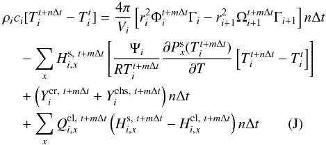 Mathematical equation: \appendix \setcounter{section}{1} \begin{equation} \Gamma_i=\left[f \left(\frac{\partial T_{i}}{\partial r}\right)^{t+n\Delta t} + (1-f) \left(\frac{\partial T_{i}}{\partial r}\right)^t \right] \qquad \left(\rm K \, m^{-1}\right). \end{equation}