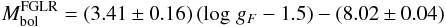Mathematical equation: \begin{equation} M_{\mathrm{bol}}^{\mathrm{FGLR}}=(3.41\pm0.16)\,(\log\,g_{F}-1.5)-(8.02\pm0.04) \label{Eq:log_gf} \end{equation}