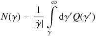 Mathematical equation: \appendix \setcounter{section}{2} \begin{equation} N(\gamma) = \frac{1}{|\dot\gamma|}\int\limits_\gamma^\infty\mathrm d \gamma^\prime Q(\gamma^\prime) \end{equation}